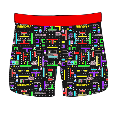 Artistic depiction of the boxers without a background. Red waistband, black background, green, yellow, purple, blue designs with LL iconography. 