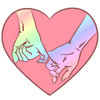 Heart-shaped die cut sticker with pink and holographic details featuring two hands held together in a pinky promise. 