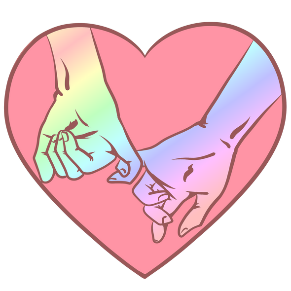 Heart-shaped die cut sticker with pink and holographic details featuring two hands held together in a pinky promise. 
