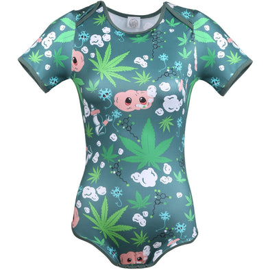 Dark Green Trim High Q Onesie featuring stoner-related items, such as marijuana leaves, bongs, little Grumpy Brains smoking joints with clouds of smoke, and neurons. 