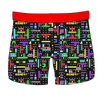 Artistic depiction of the boxers without a background. Red waistband, black background, green, yellow, purple, blue designs with LL iconography. 