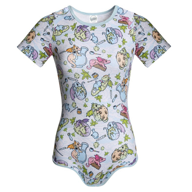 Bodysuit with grey smoke background, blue trim around the t-shirt style neckline, and a print made up of baked goods and dragons.