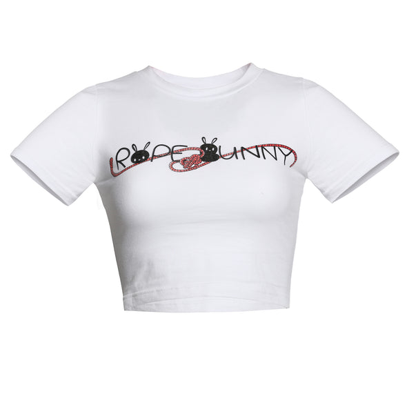Bound Bunny Crop Top with short sleeves. Includes a white background, with rope and bunny themed red/black design and text on a soft, cotton, just-above-the-belly button fitting tee. 