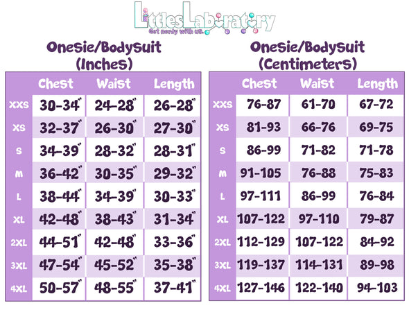 Standard Sizing Chart for the Onesie. Image shows two size charts: the one on the left of the photo shows sizes in inches and the chart on the left depicts sizes in centimeters. 