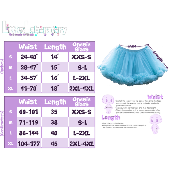 Standard Sizing Chart for the Tulle Tutu. Image shows two size charts to the left of the photo showing the size chart in both inches and centimeters. On the right side of the photo, an image of a teal tutu is shown with arrows showing where the length and waist are measured.