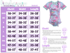 Standard Sizing Chart for the Onesie. Image shows a size chart in inches on the left of the photo. On the right side of the photo, an image of a Onesie is shown with arrows showing where the chest, hips, length, and waist are measured. 