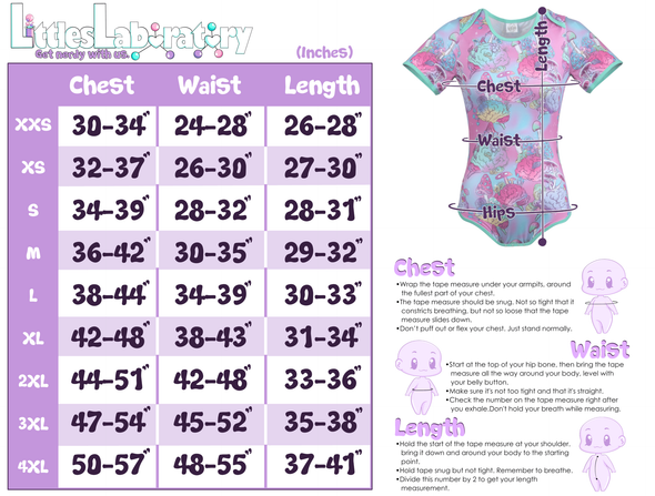 Standard Sizing Chart for the Onesie. Image shows a size chart in inches on the left of the photo. On the right side of the photo, an image of a Onesie is shown with arrows showing where the chest, hips, length, and waist are measured. 
