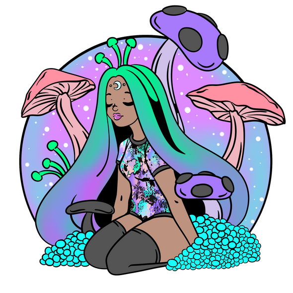 Spores-themed Sticker with Woman sitting under mushrooms, wearing the Spores Onesie. 